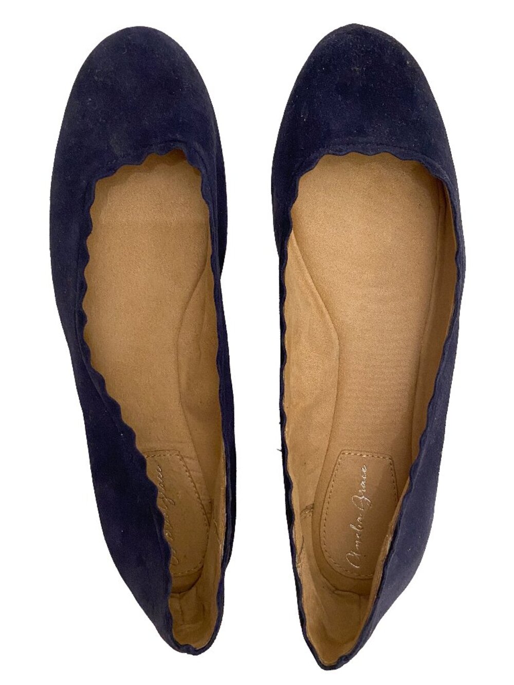 AMELIA GRACE Wynn Navy Blue Suede Scalloped Ballet Flats Leather Women's 9M